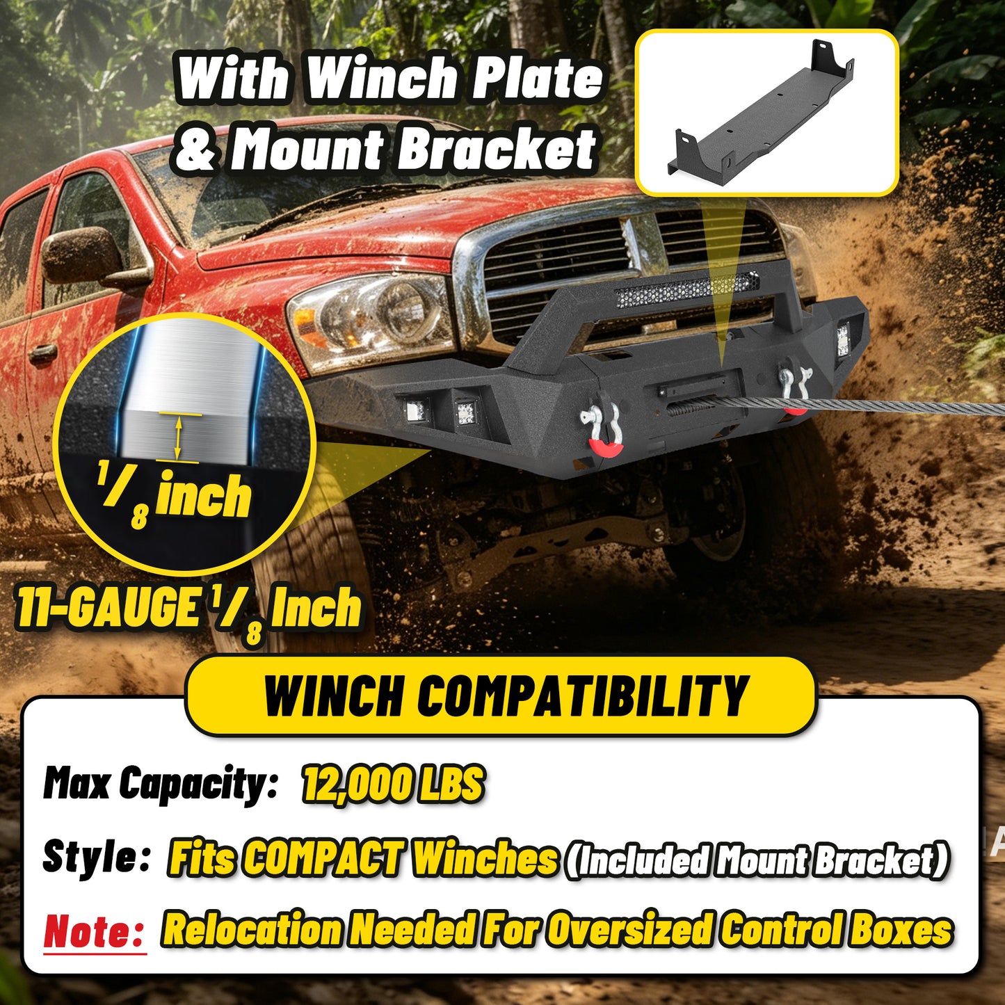 Dodge Ram 1500 06-08 (Excl. Mega Cab) Front Bumper| Bolt-On, No Drilling,Heavy Duty Steel Work Armor, LED Light Bar & D-Rings