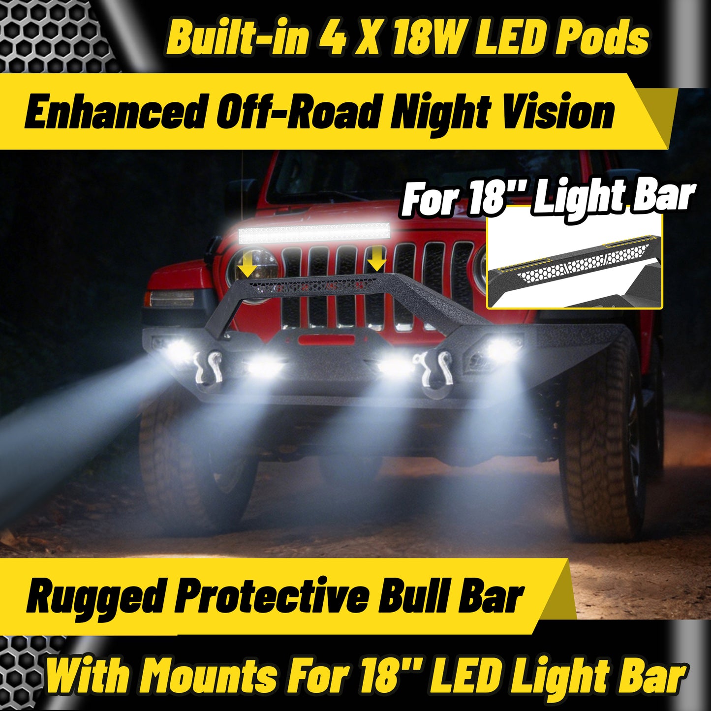 Jeep Wrangler JK/JL 07-26 & Gladiator JT Front Bumper|Direct Bolt-On, No Drill, Off-Road Adventure Armor, Light Bar & D-Rings