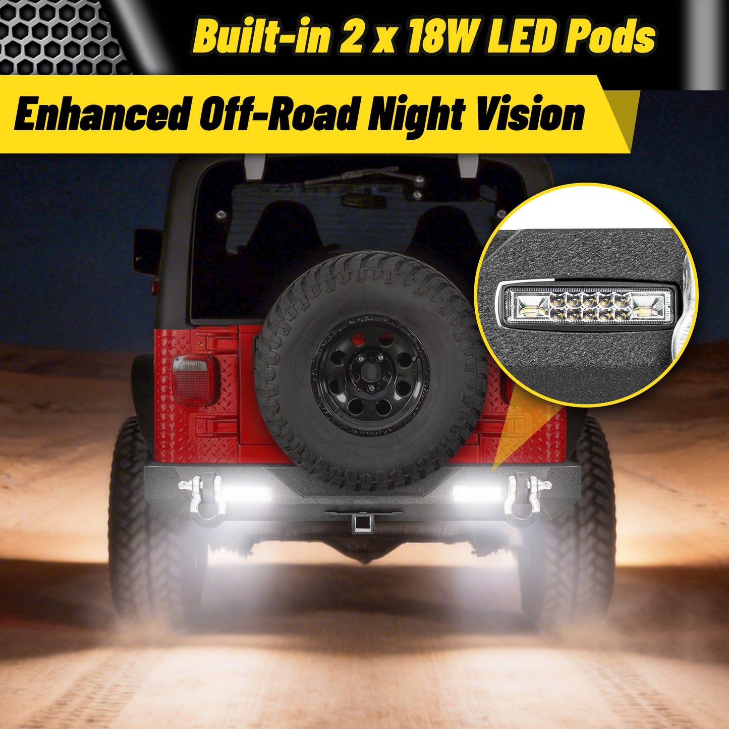Jeep Wrangler TJ/YJ 87-06 Rear Bumper|Direct Bolt-On, No Drill, Off-Road Adventure Armor, LED Lights & D-rings