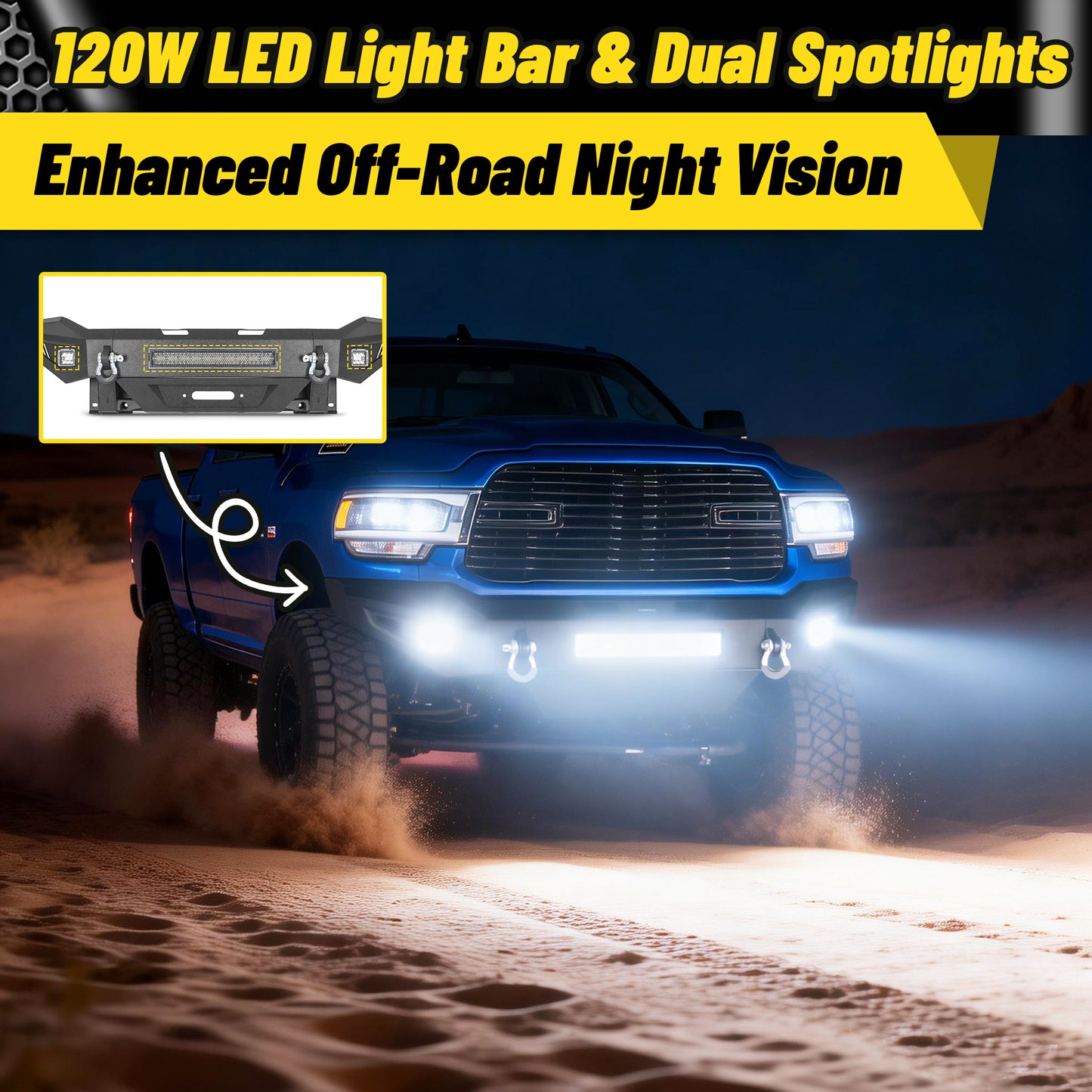Dodge Ram 2500 19-24 Front Bumper|Direct Bolt-On, No Drill, Work Truck & Off-Road Protection, LED Light Bar & Fog Lights