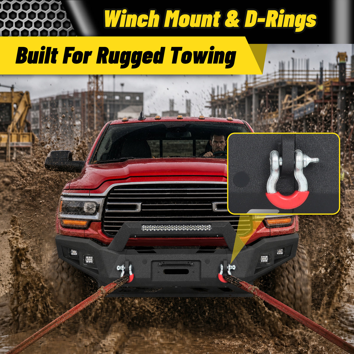 Ram 2500/3500 2019-2026 Front Bumper|Heavy-Duty Carbon Steel, Winch Mount, D-Rings, LED Lights & License Plate Mount