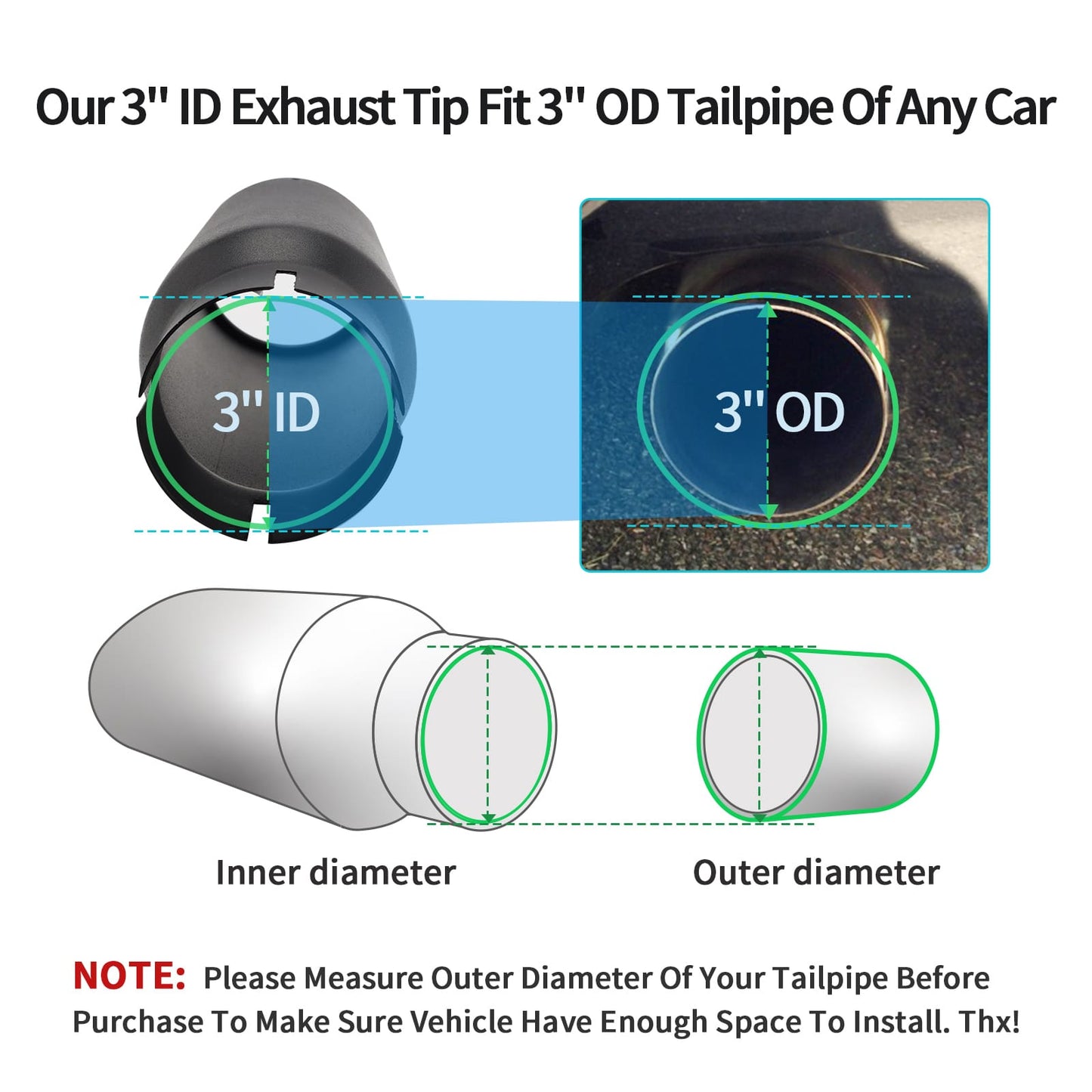 Black exhaust tip 3" inlet 4" outlet 12" showing proper inlet and outlet diameter fit.