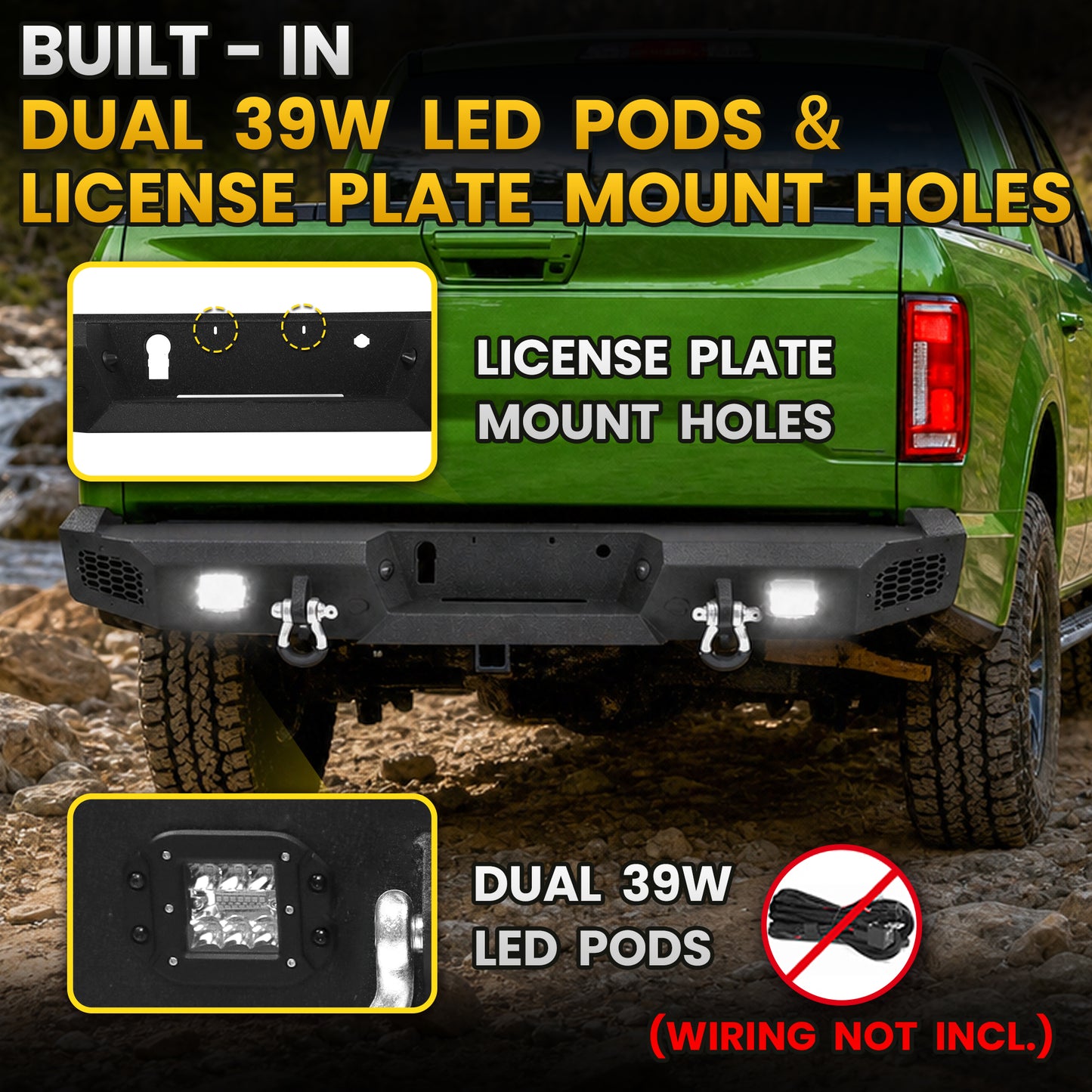 Ford 2021-2023 Rear Bumper | Direct Bolt-On, No Drill, Heavy-Duty Protection,LED Pods＆Dual D-rings