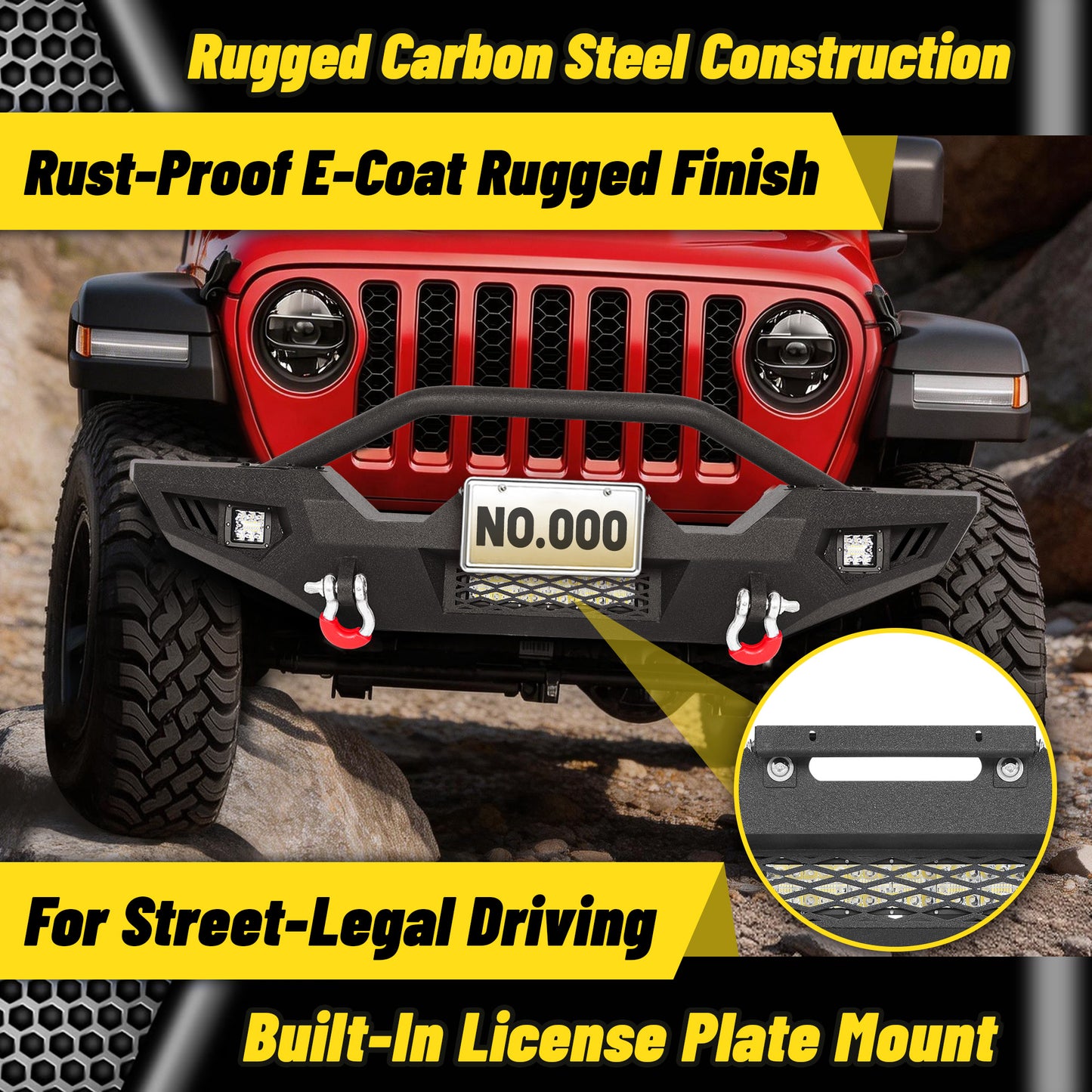 Jeep Wrangler JK, JL & Gladiator JT Front Bumper|Direct Bolt-On, No Drill, Off-Road Adventure Armor, Stainless Steel Skid Plate & Dual D-rings
