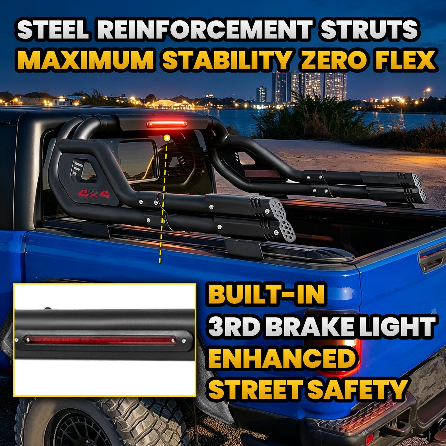 Adjustable Double Tube Roll Bar for Universal Pickup Truck with Brake Light