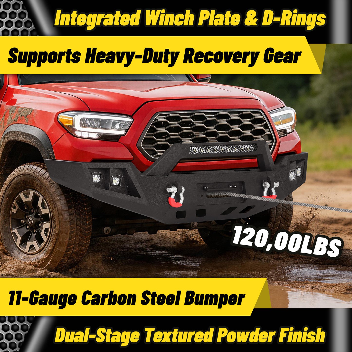 Toyota Tacoma 3rd Gen 2016-2023 Front Bumper|Direct Bolt-On, No Drill,Trail Protection, Winch Ready Plate & LED Pods
