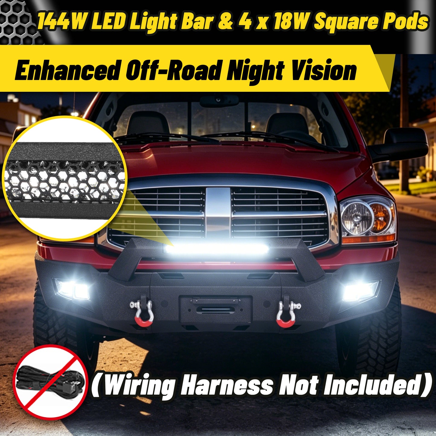 Dodge Ram 1500 06-08 (Excl. Mega Cab) Front Bumper| Bolt-On, No Drilling,Heavy Duty Steel Work Armor, LED Light Bar & D-Rings