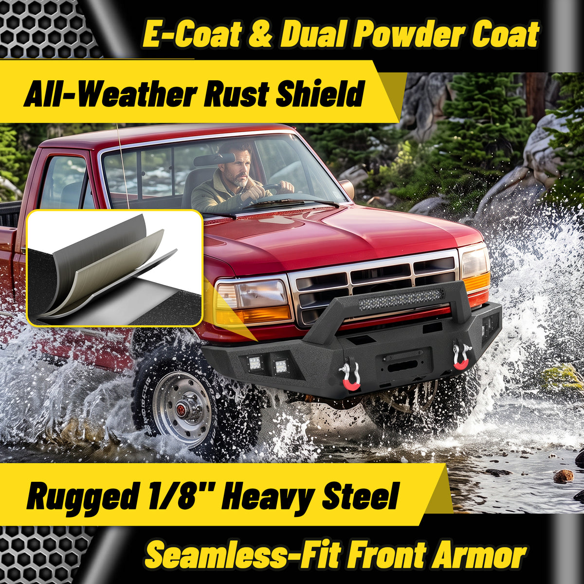F150 / F250 / F350 1992-1997 Front Bumper|Heavy-Duty Carbon Steel, Winch Mount, D-Rings, LED Lights & License Plate Mount