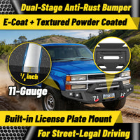 Chevy Suburban 92-99 / Yukon 92-99 / Tahoe 95-99 Front Bumper|Bolt-On, No Drilling, Heavy Duty Steel Work Armor, LED Lights & D-Rings