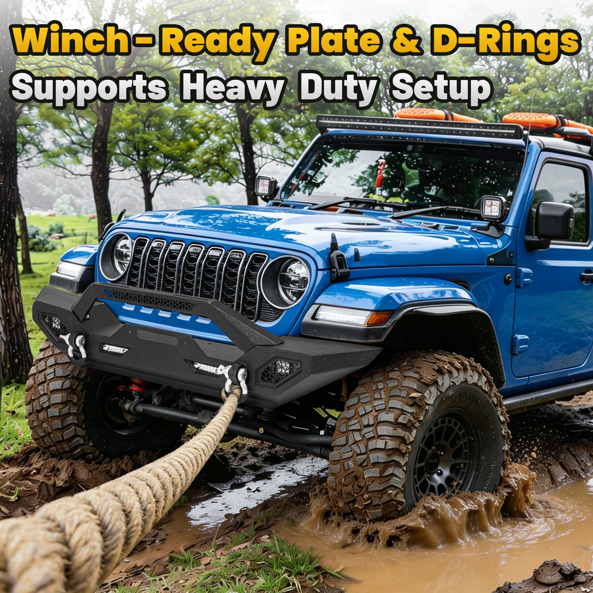 Jeep Wrangler JK/JL 07-26 & Gladiator JT Front Bumper|Direct Bolt-On, No Drill, Off-Road Adventure Armor, Light Bar & D-Rings