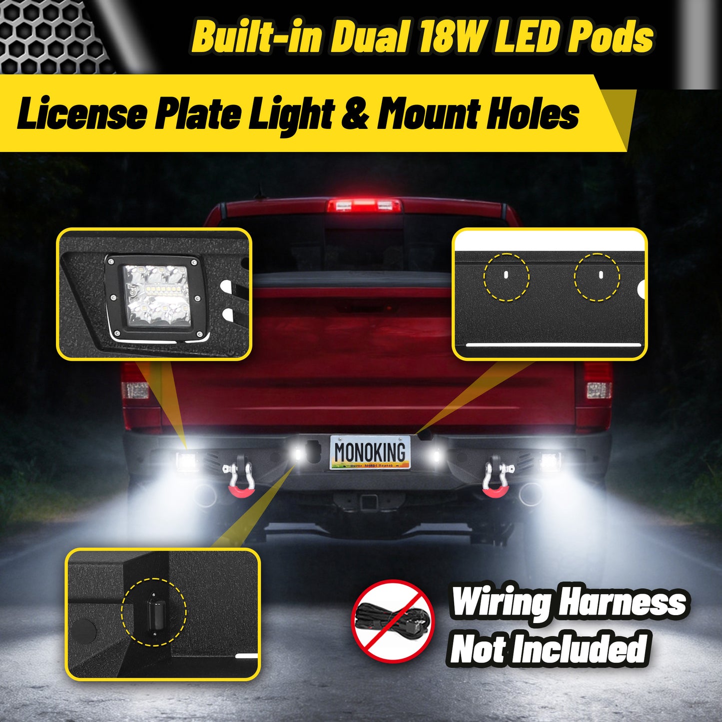 Ram 1500 Rebel 15-18 Rear Bumper| Bolt-On, No Drilling,Steel Off-Road Armor, LED Lights & D-Rings