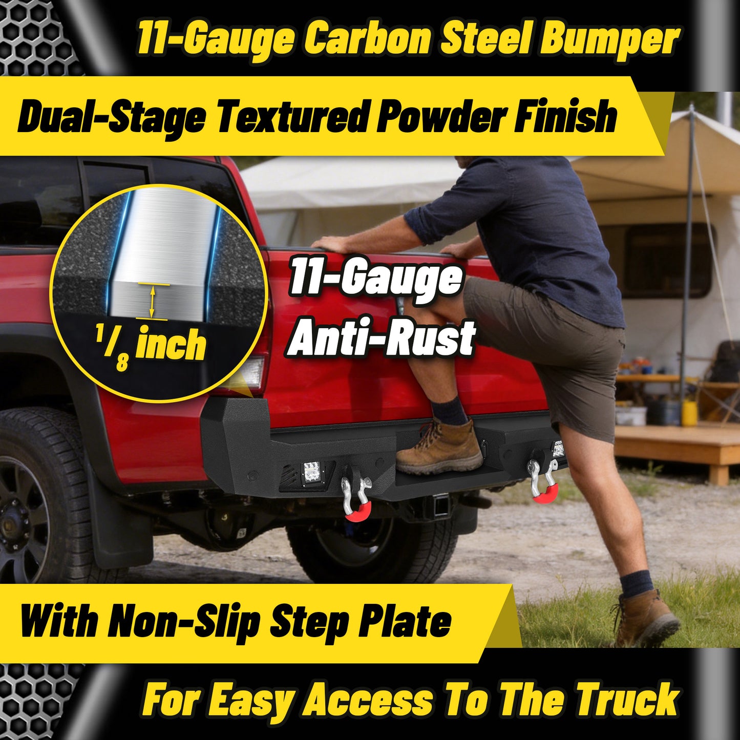 Toyota Tacoma 3rd Gen 2016-2023 Rear Bumper|Direct Bolt-On, No Drill, Carbon Steel Overland Armor, Step Plate & D-Rings