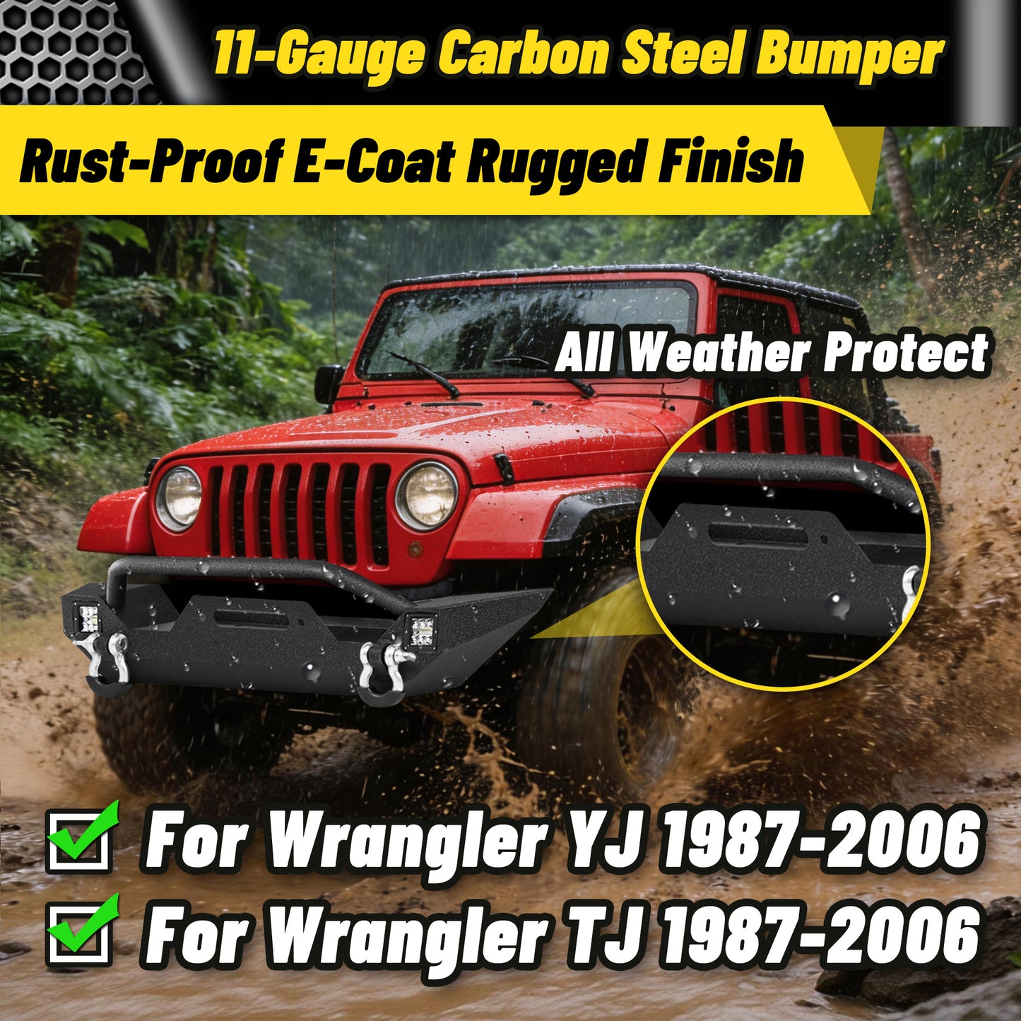 Jeep Wrangler TJ/YJ 87-06 Front Bumper|Direct Bolt-On, No Drill, Off-Road Adventure Armor, Light Bar & D-Rings