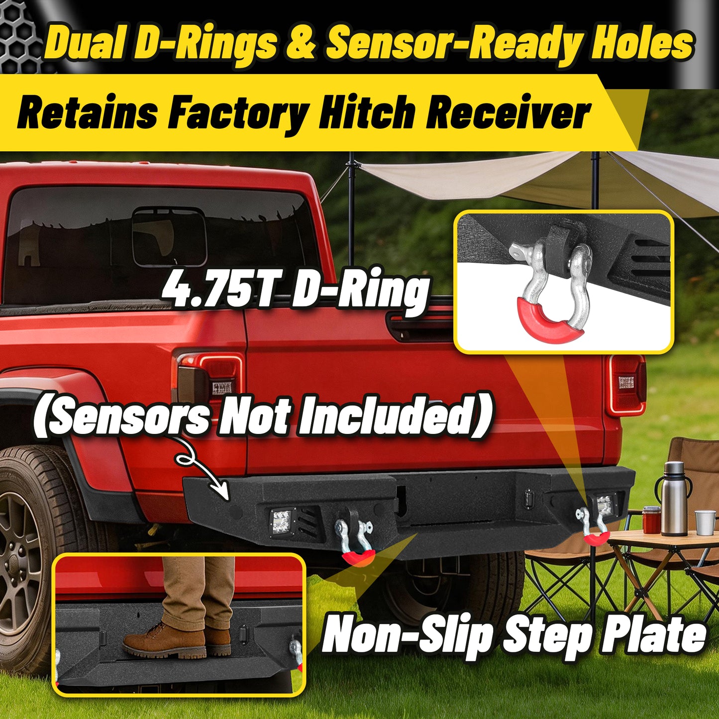 Jeep Gladiator JT 20-26 Rear Bumper| Bolt-On, No Drilling,Off-Road Armor, LED Lights & D-Rings