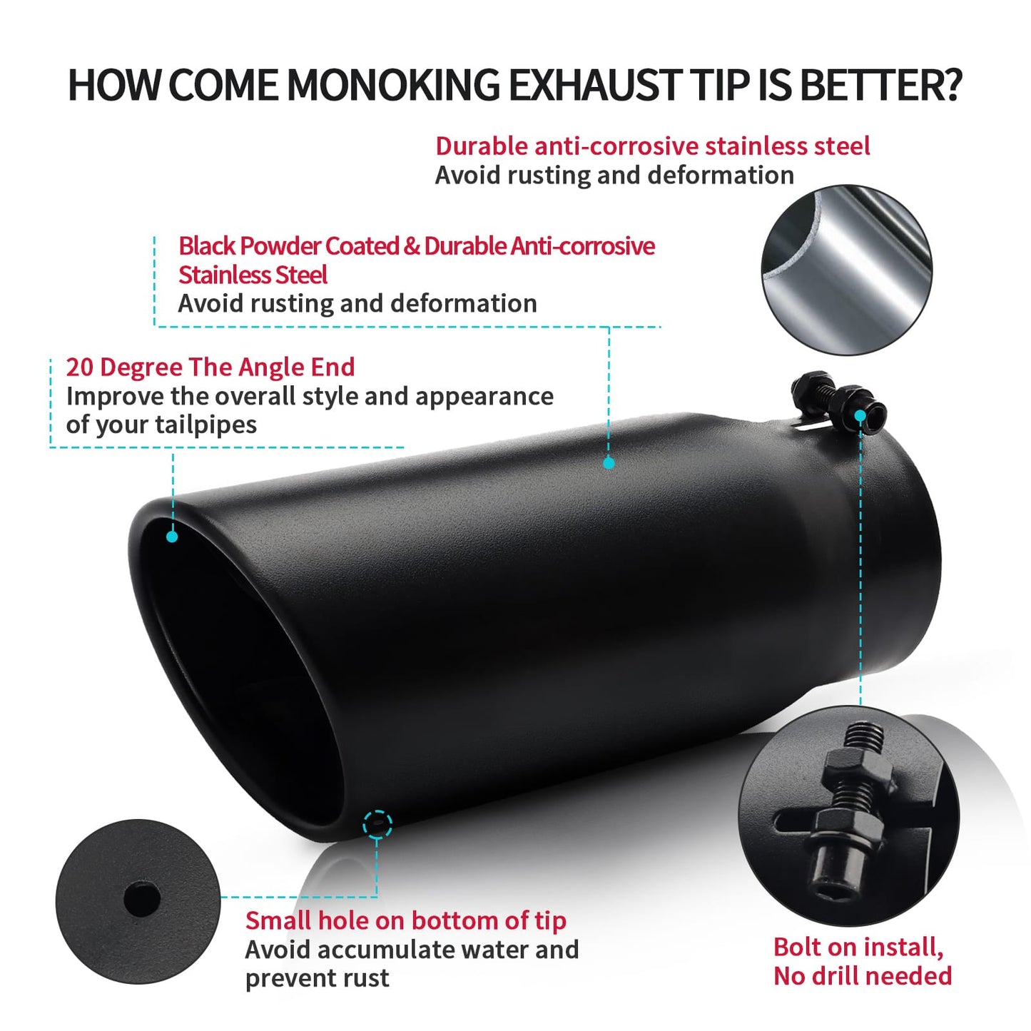 Black 4" x 5" x 12" exhaust tip showing outer diameter compatibility