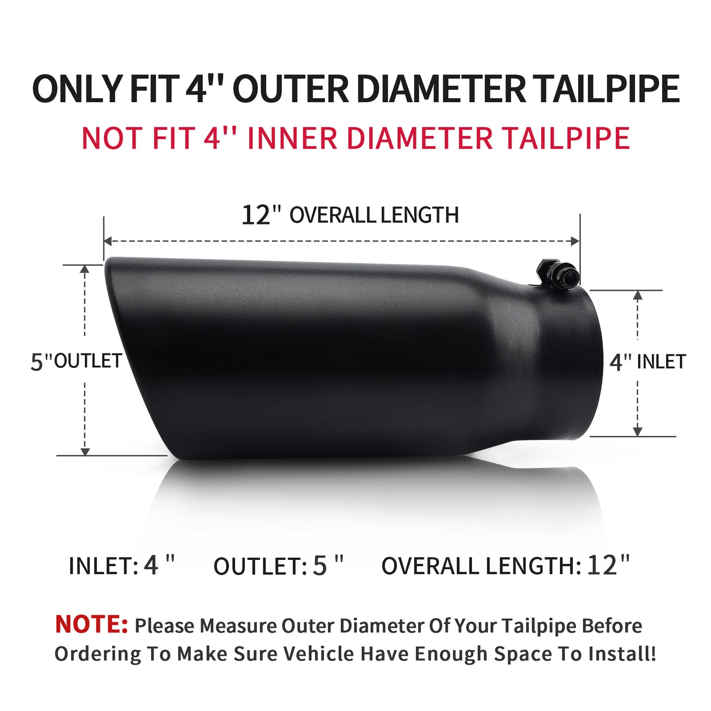 4" x 5" x 12" black exhaust tip showing outer diameter fit