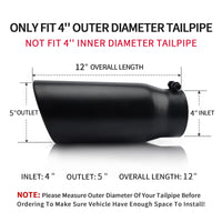 4" x 5" x 12" black exhaust tip showing outer diameter fit