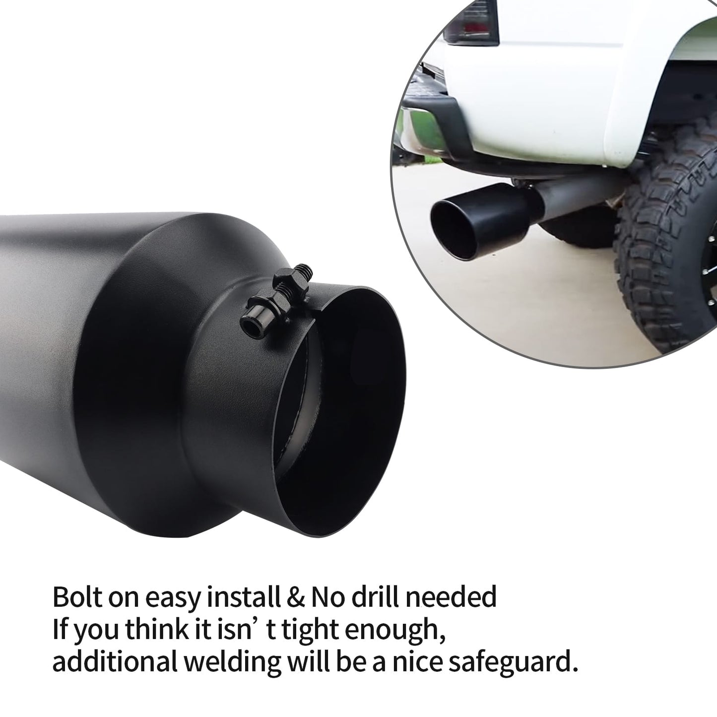 4" x 5" x 12" black exhaust tip installed on a pickup truck