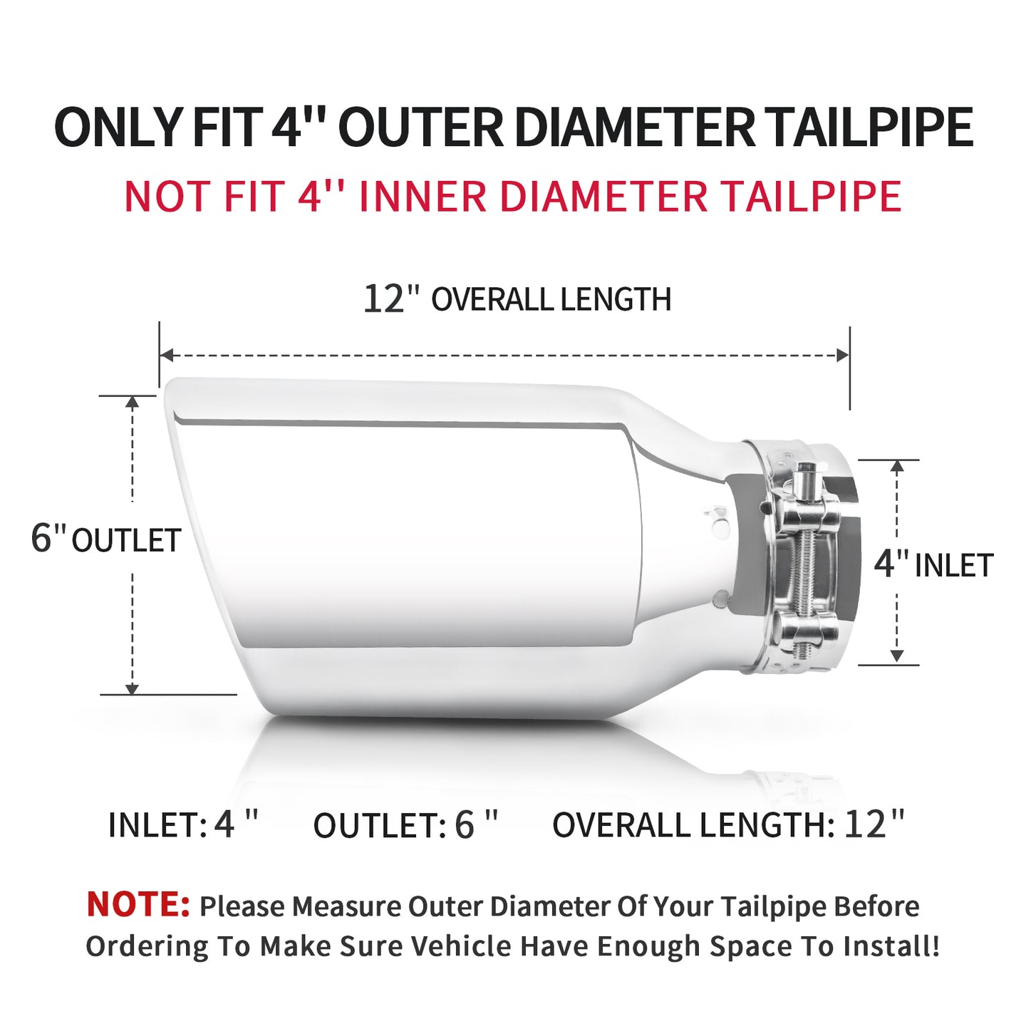 Dimensions and fitment of 4x6x12 silver exhaust tip for trucks and cars