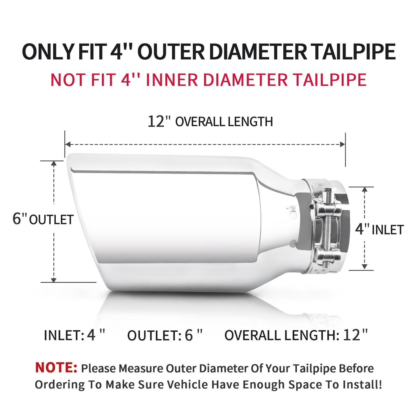 Dimensions and fitment of 4x6x12 silver exhaust tip for trucks and cars
