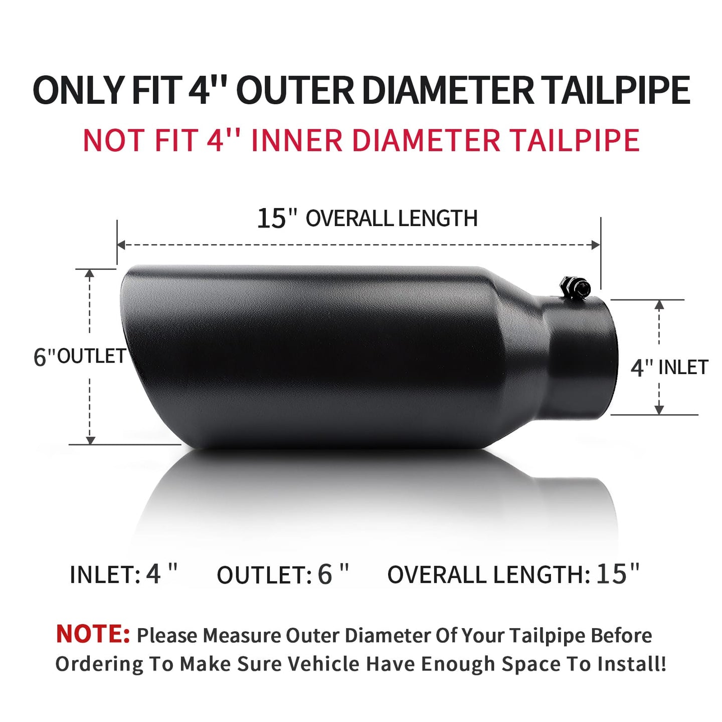 4" x 6" x 15" black exhaust tip showing inlet, outlet, and overall length dimensions for trucks and SUVs.