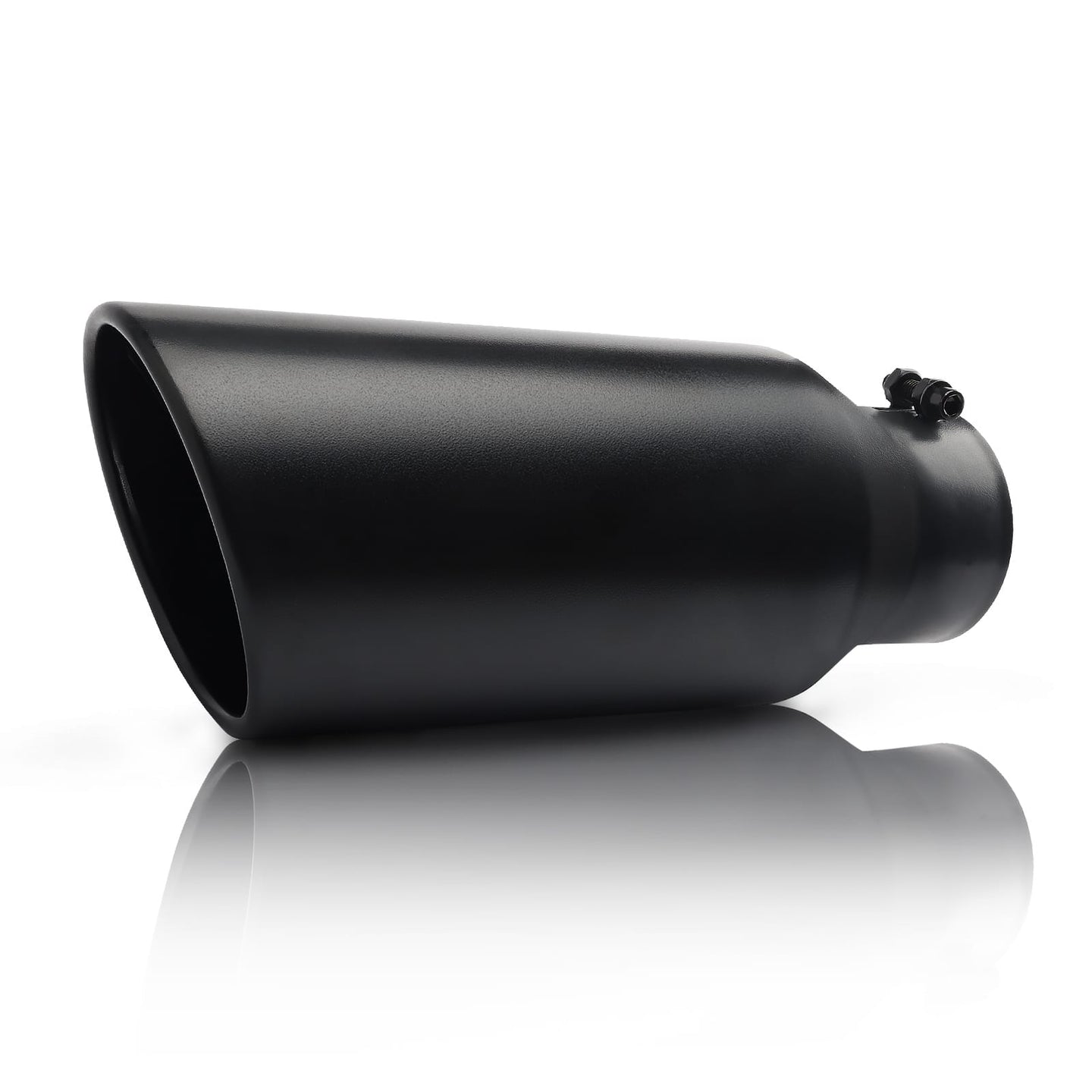 Front view of 4" x 6" x 15" black exhaust tip for trucks, cars, and SUVs showing sleek polished design.