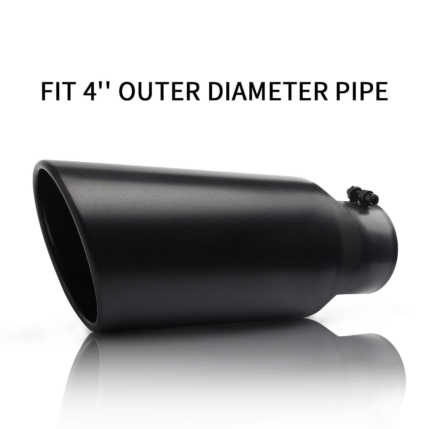 Front view of 4" x 6" x 15" black exhaust tip for trucks, cars, and SUVs, showing sleek and polished design.