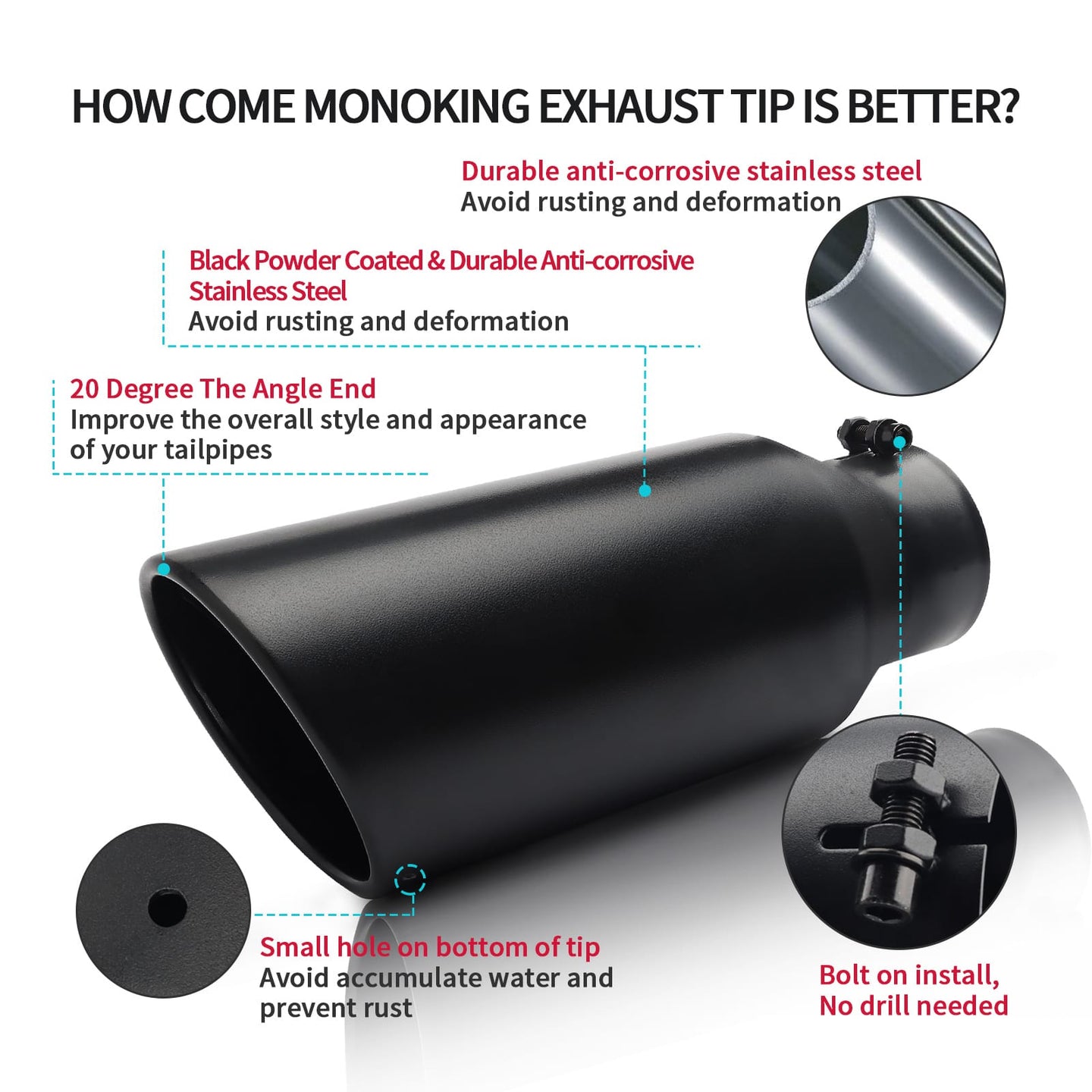 4" x 6" x 15" black exhaust tip showing installation tips for a secure and smooth fit on trucks and SUVs.