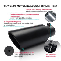 4" x 6" x 15" black exhaust tip showing installation tips for a secure and smooth fit on trucks and SUVs.