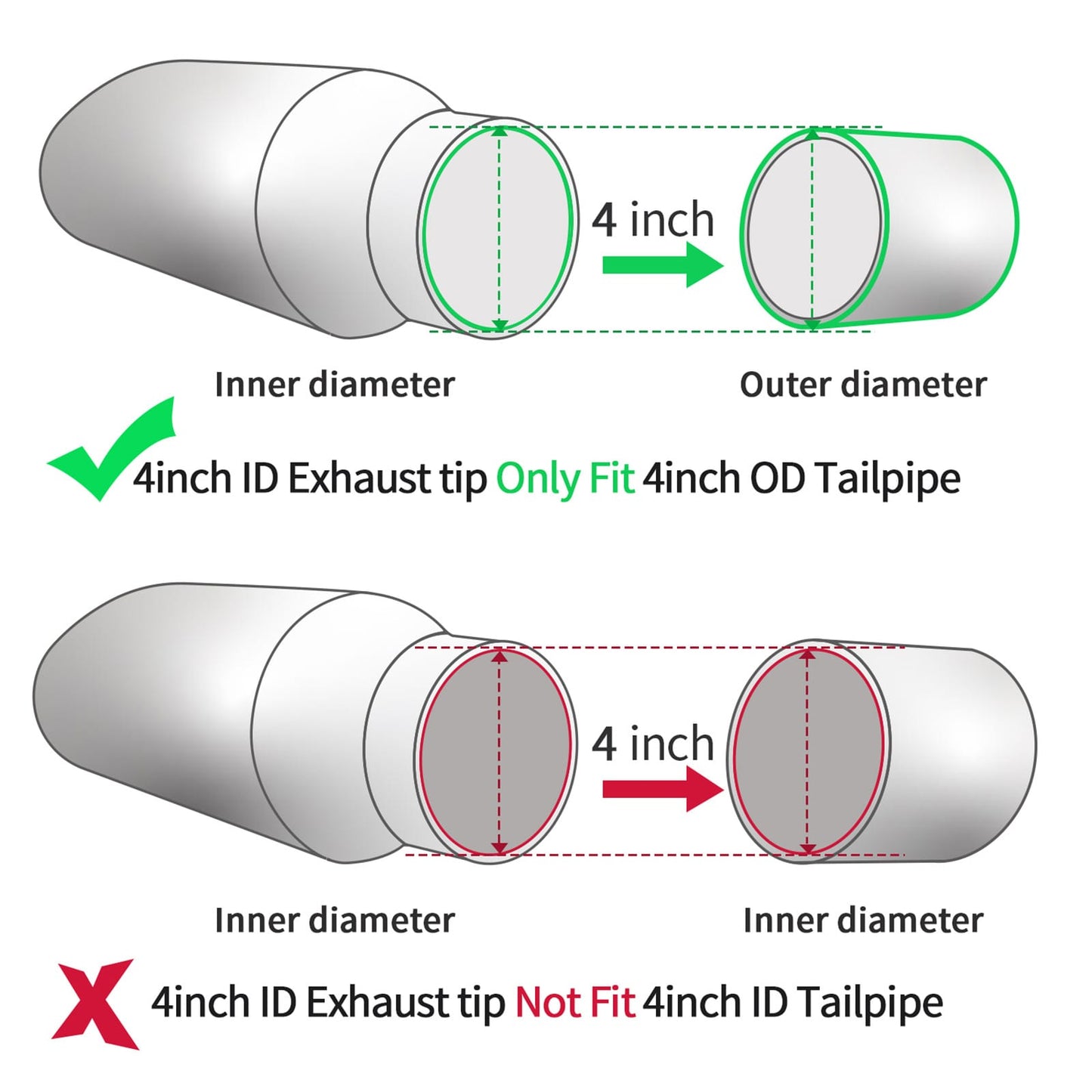 Silver 4" x 6" x 15" exhaust tip with 4" inlet and 4" outlet for proper fit on trucks and cars.