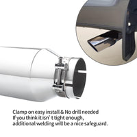 Silver 4" x 6" x 15" exhaust tip showing easy installation and universal fit for trucks and cars.