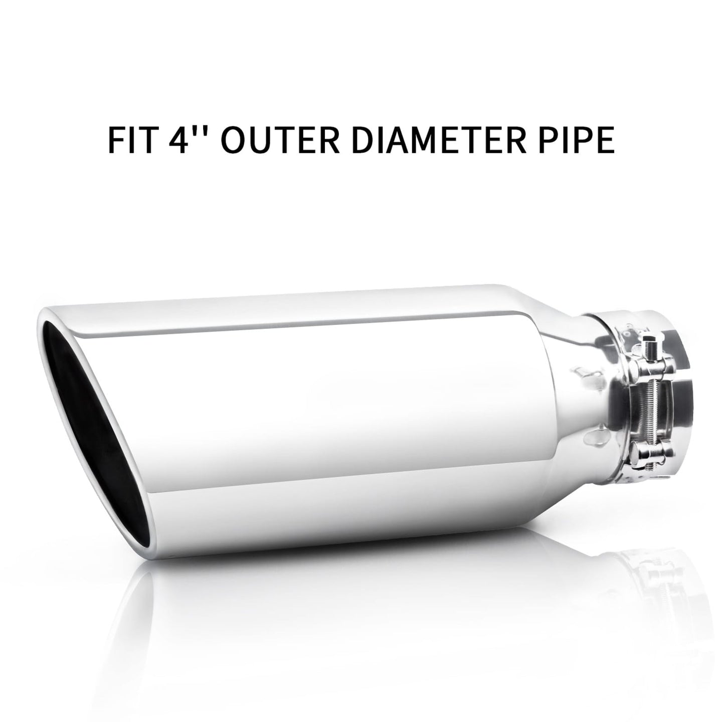 Front view of silver 4" x 6" x 15" exhaust tip for cars and trucks, showing sleek design and polished finish.