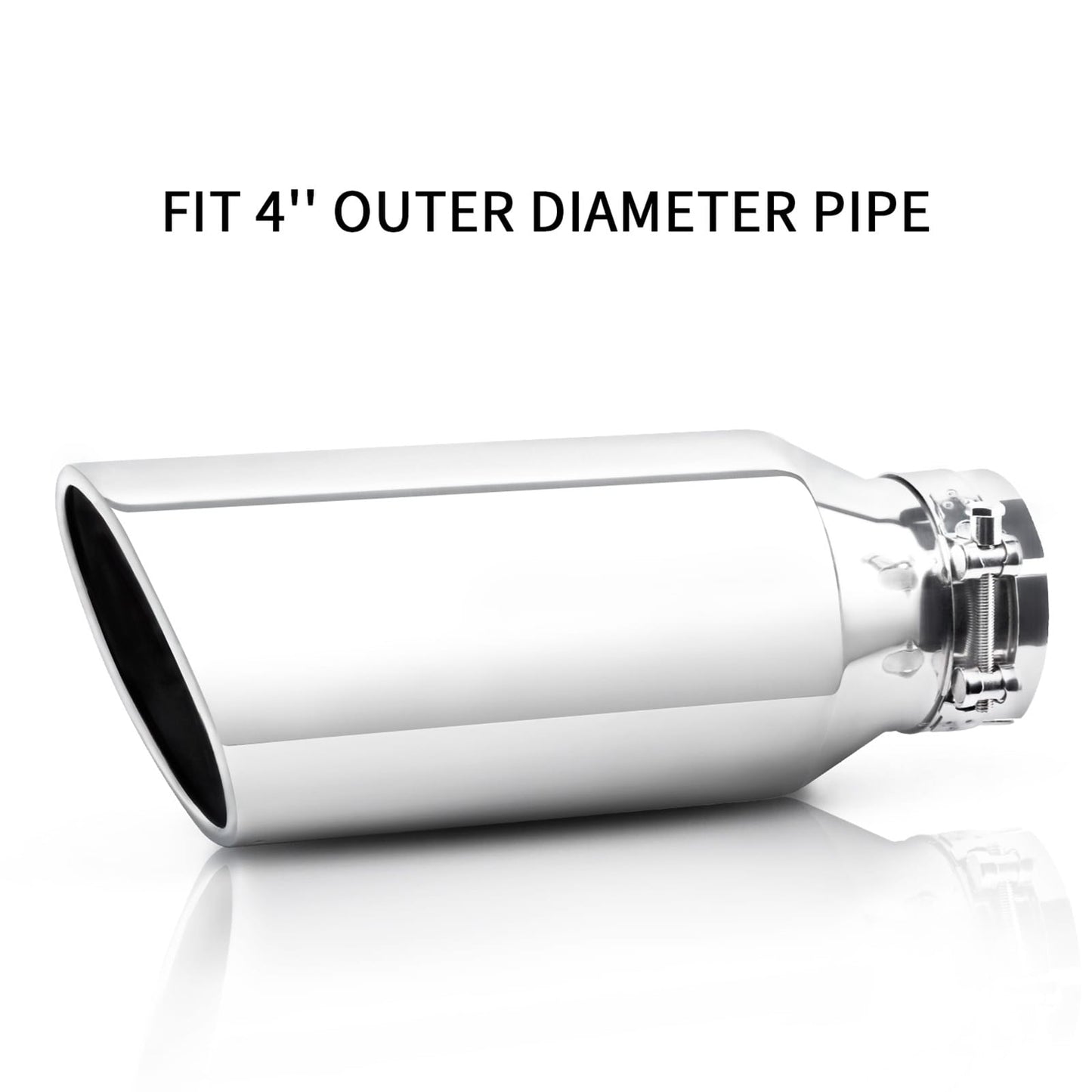 Front view of silver 4" x 6" x 15" exhaust tip for cars and trucks, showing sleek design and polished finish.