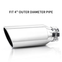 Front view of silver 4" x 6" x 15" exhaust tip for cars and trucks, showing sleek design and polished finish.