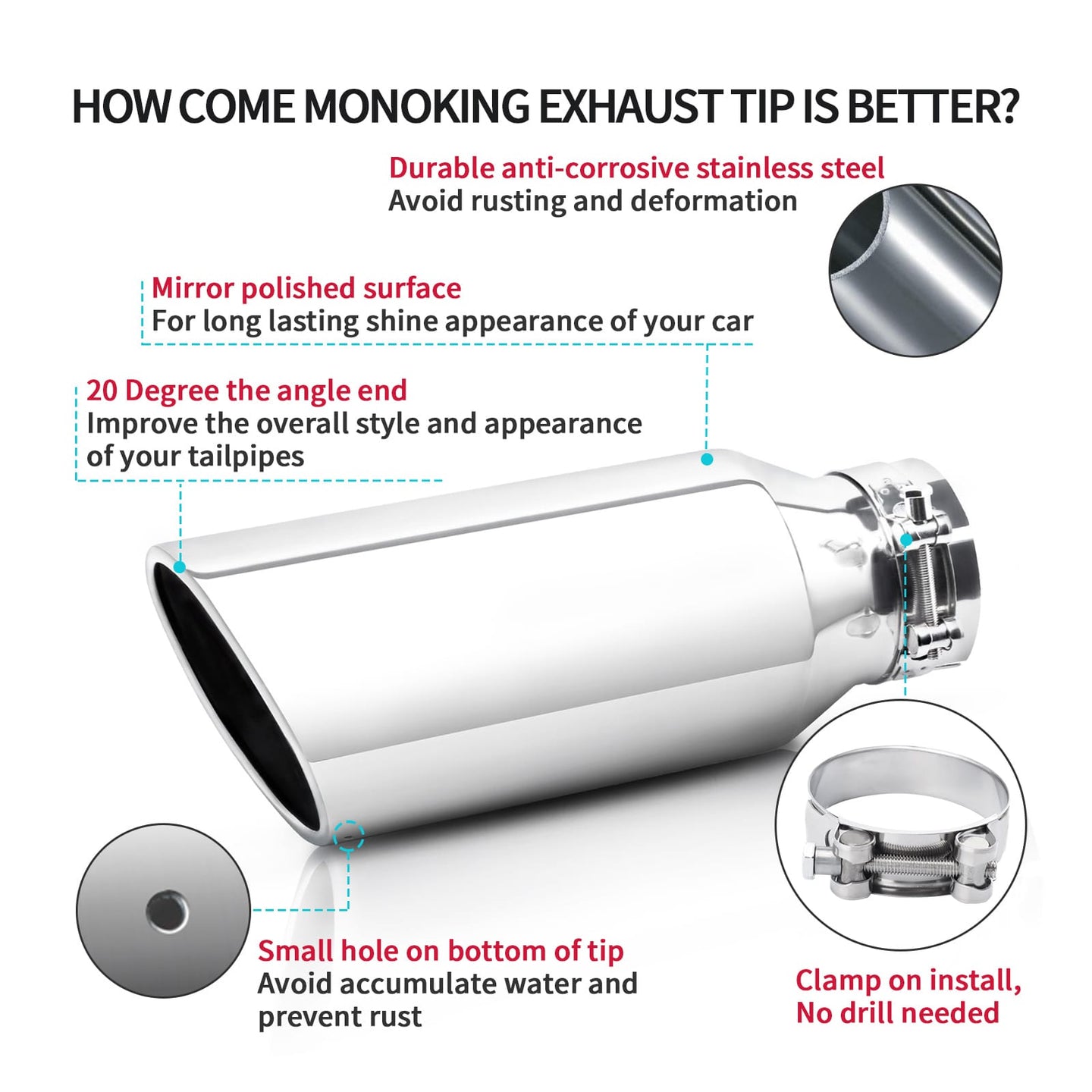 Silver 4" x 6" x 15" exhaust tip showing easy clamp-on installation and mounting tips for trucks and cars.