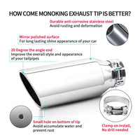 Silver 4" x 6" x 15" exhaust tip showing easy clamp-on installation and mounting tips for trucks and cars.
