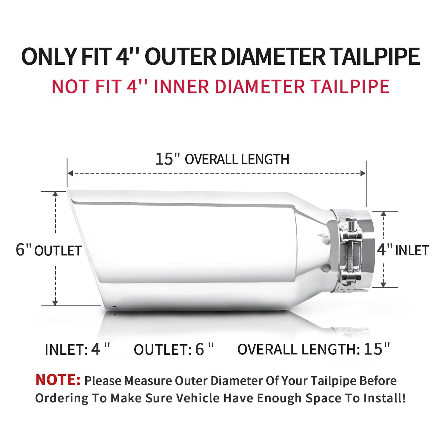 4" inlet x 6" outlet x 15" length silver exhaust tip, ideal for trucks, cars, and SUVs.