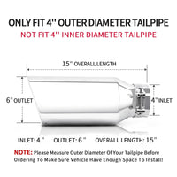 4" inlet x 6" outlet x 15" length silver exhaust tip, ideal for trucks, cars, and SUVs.