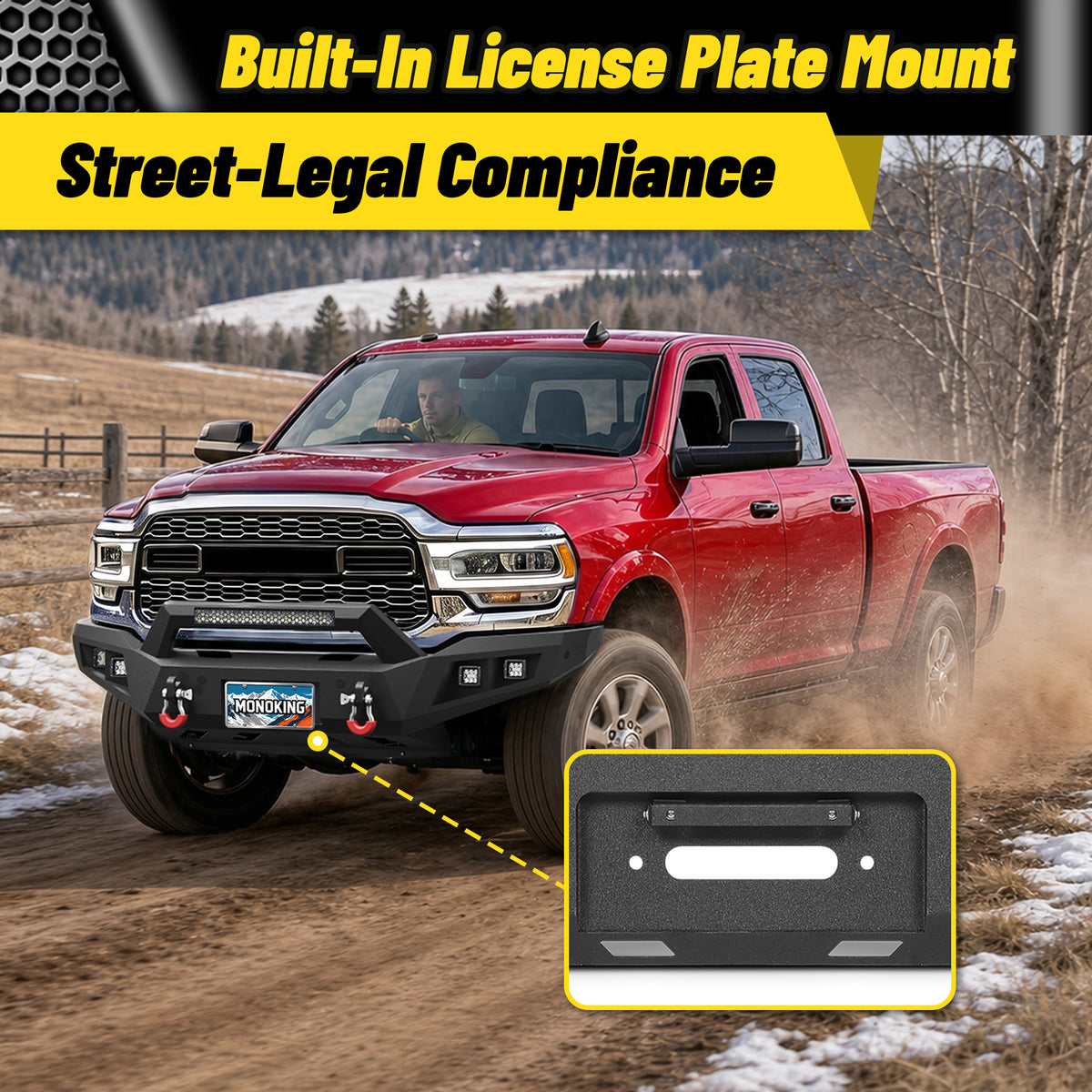 Ram 2500/3500 2019-2026 Front Bumper|Heavy-Duty Carbon Steel, Winch Mount, D-Rings, LED Lights & License Plate Mount