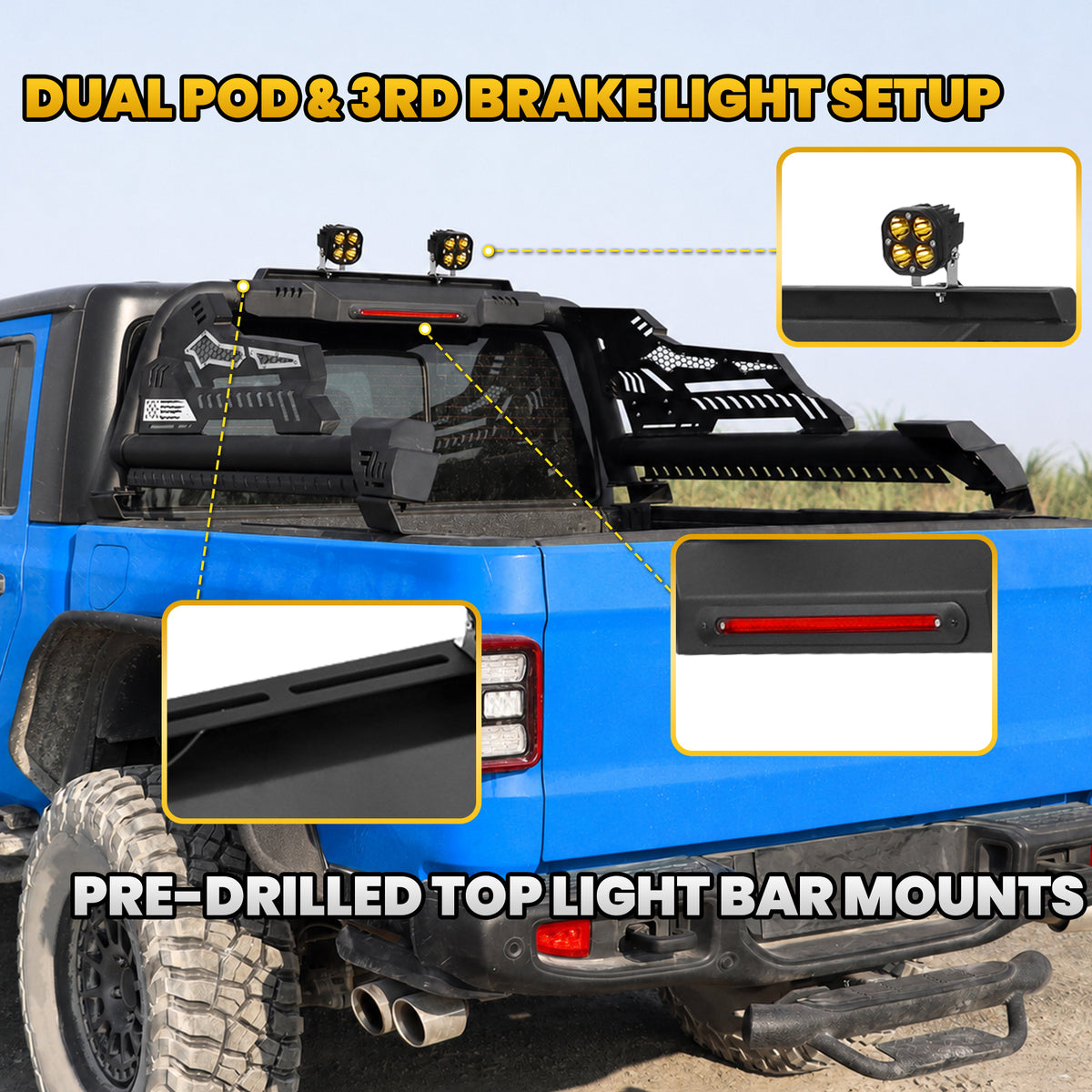 Heavy Duty Roll Bar with 3rd Brake Light for Mid-Size Truck