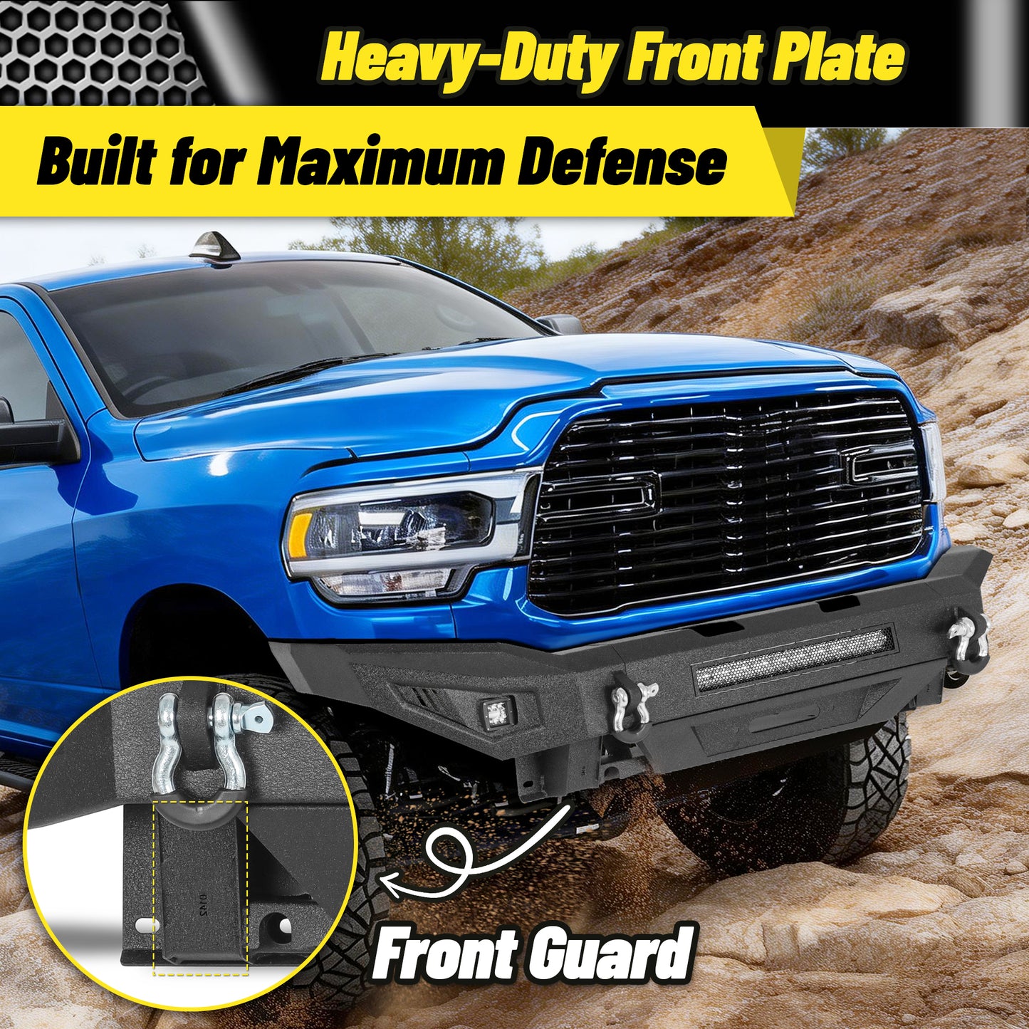 Dodge Ram 2500 19-24 Front Bumper|Direct Bolt-On, No Drill, Work Truck & Off-Road Protection, LED Light Bar & Fog Lights