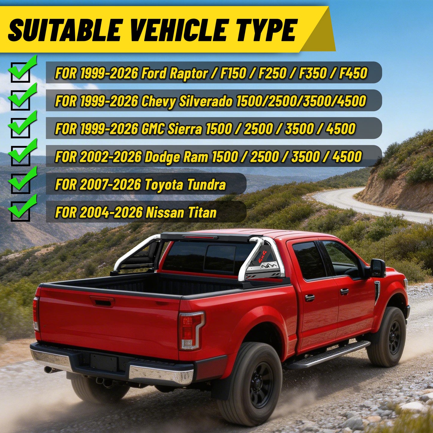 Stainless Steel Sport Roll Bar for Full Size Pickup Truck with Brake Light