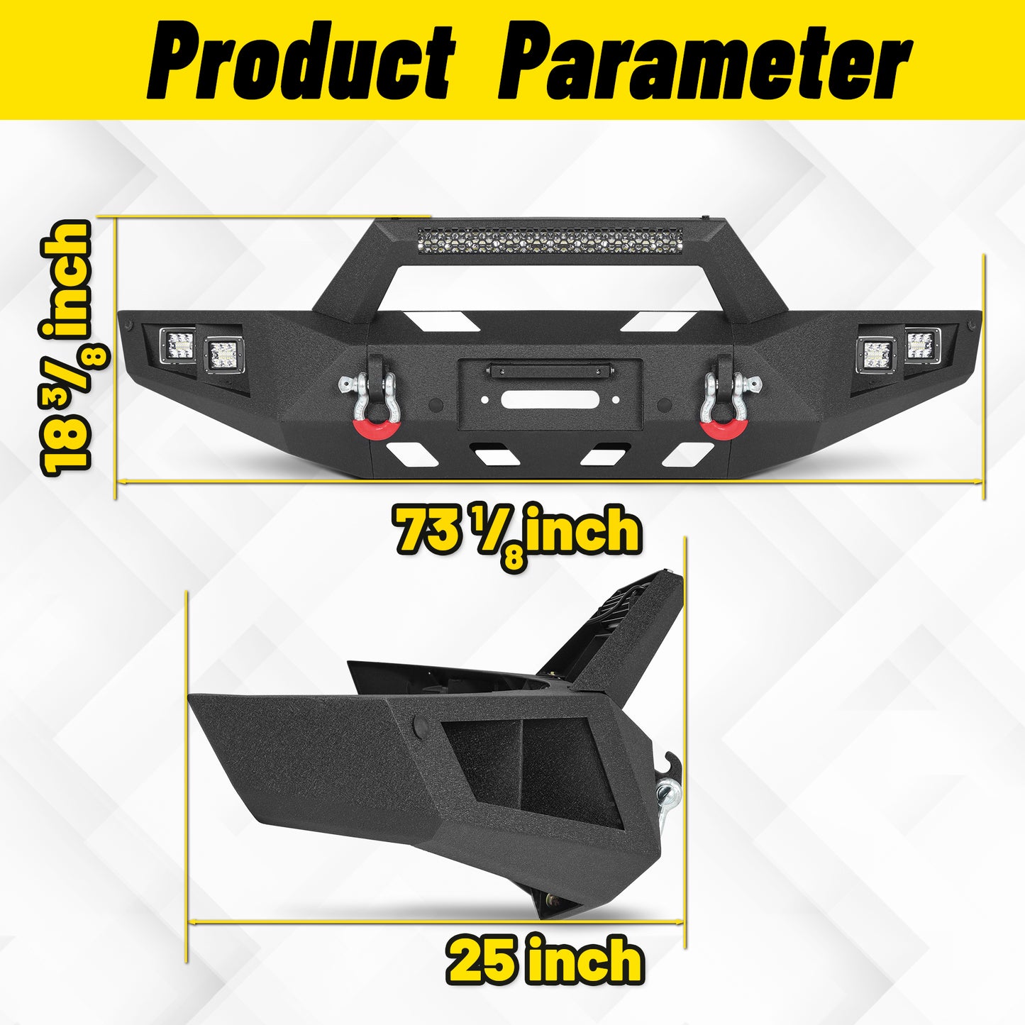 Chevy Suburban 92-99 / Yukon 92-99 / Tahoe 95-99 Front Bumper|Bolt-On, No Drilling, Heavy Duty Steel Work Armor, LED Lights & D-Rings