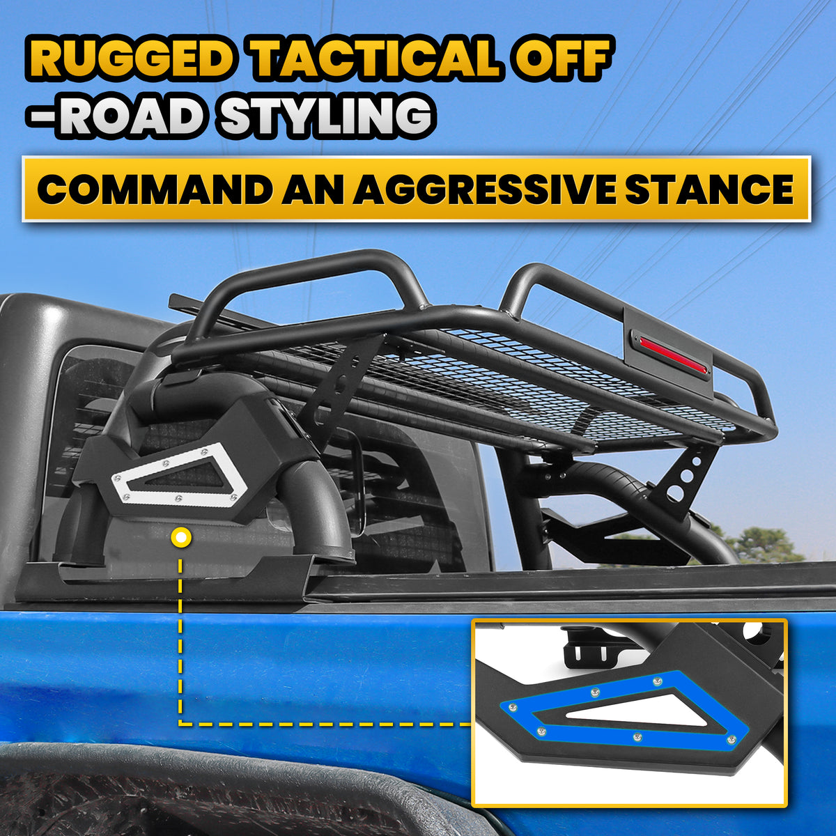 Roll Bar with Cargo Basket, LED Brake Light & Light Rack for Mid-Size Truck