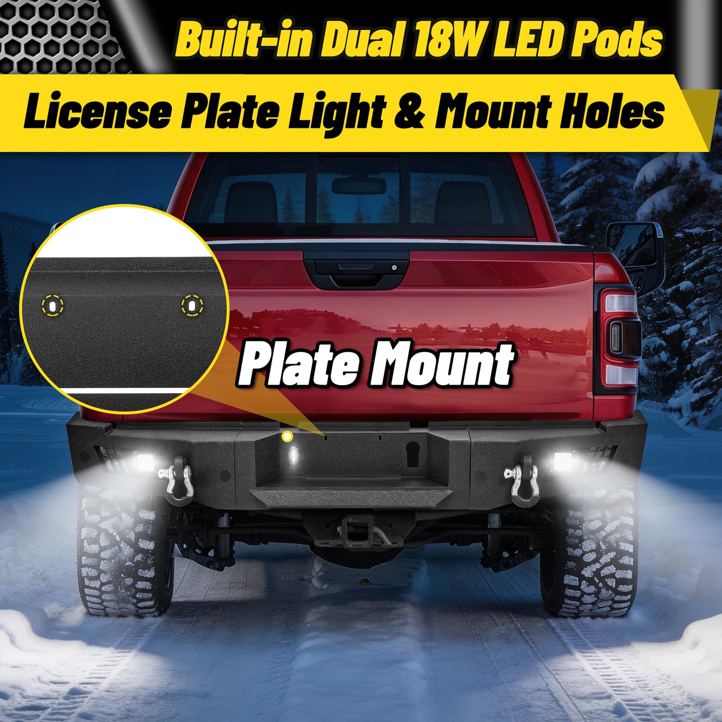 Dodge Ram 2500 19-24 Rear Bumper|Direct Bolt-On, No Drill, Work & Tow Ready Armor, LED Lights & D-Rings