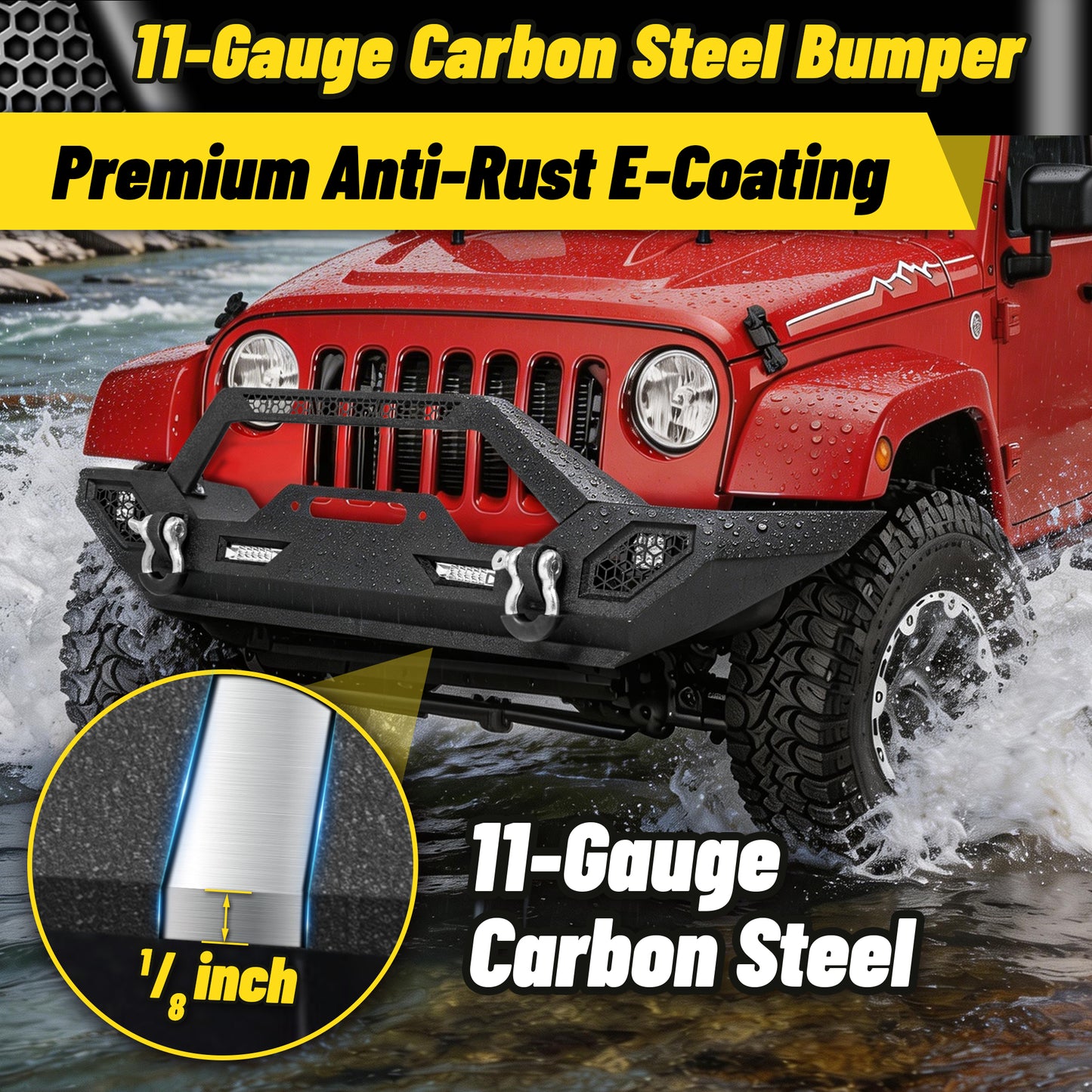 Jeep Wrangler JK/JL 07-26 & Gladiator JT Front Bumper|Direct Bolt-On, No Drill, Off-Road Adventure Armor, Light Bar & D-Rings