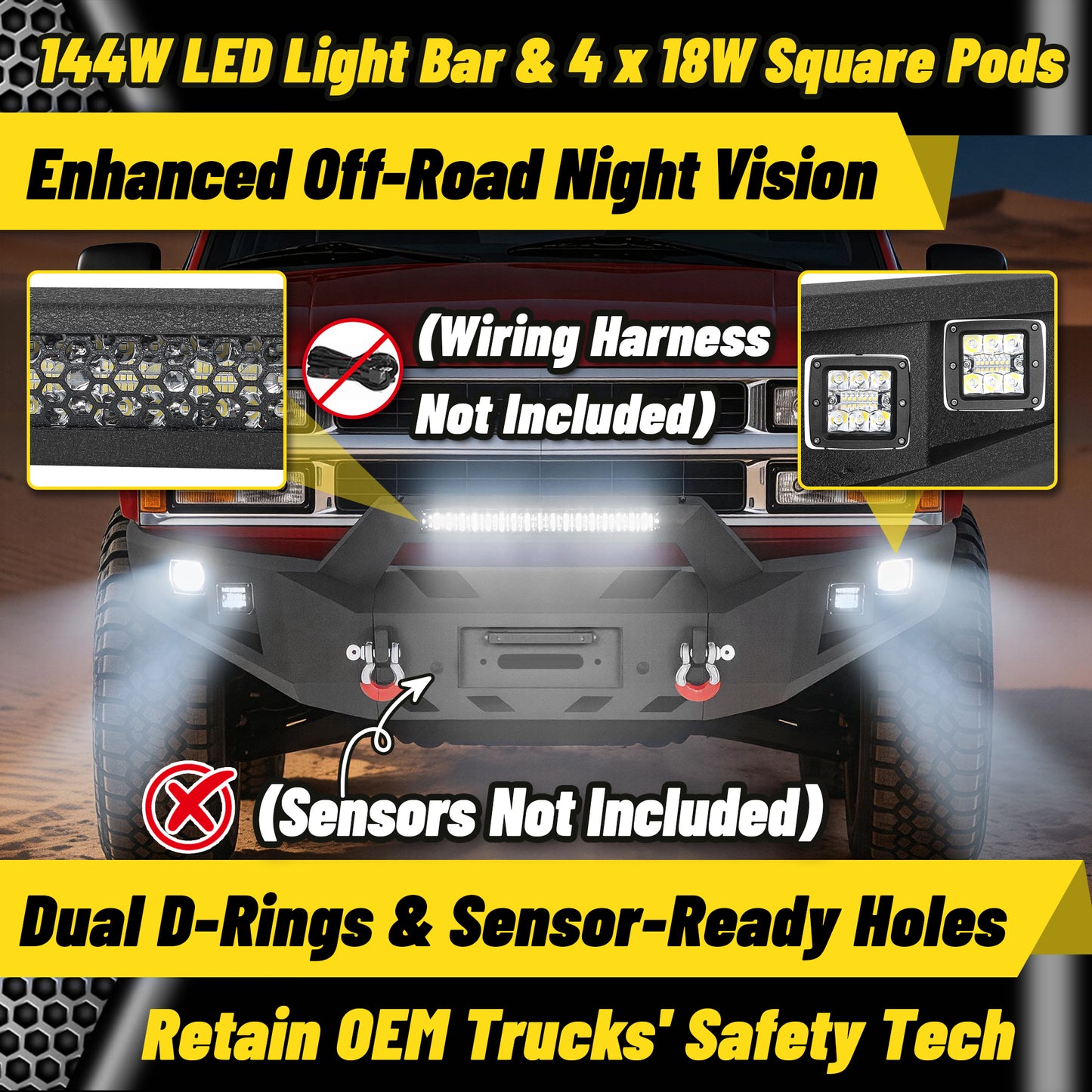 Chevy Suburban 92-99 / Yukon 92-99 / Tahoe 95-99 Front Bumper|Bolt-On, No Drilling, Heavy Duty Steel Work Armor, LED Lights & D-Rings