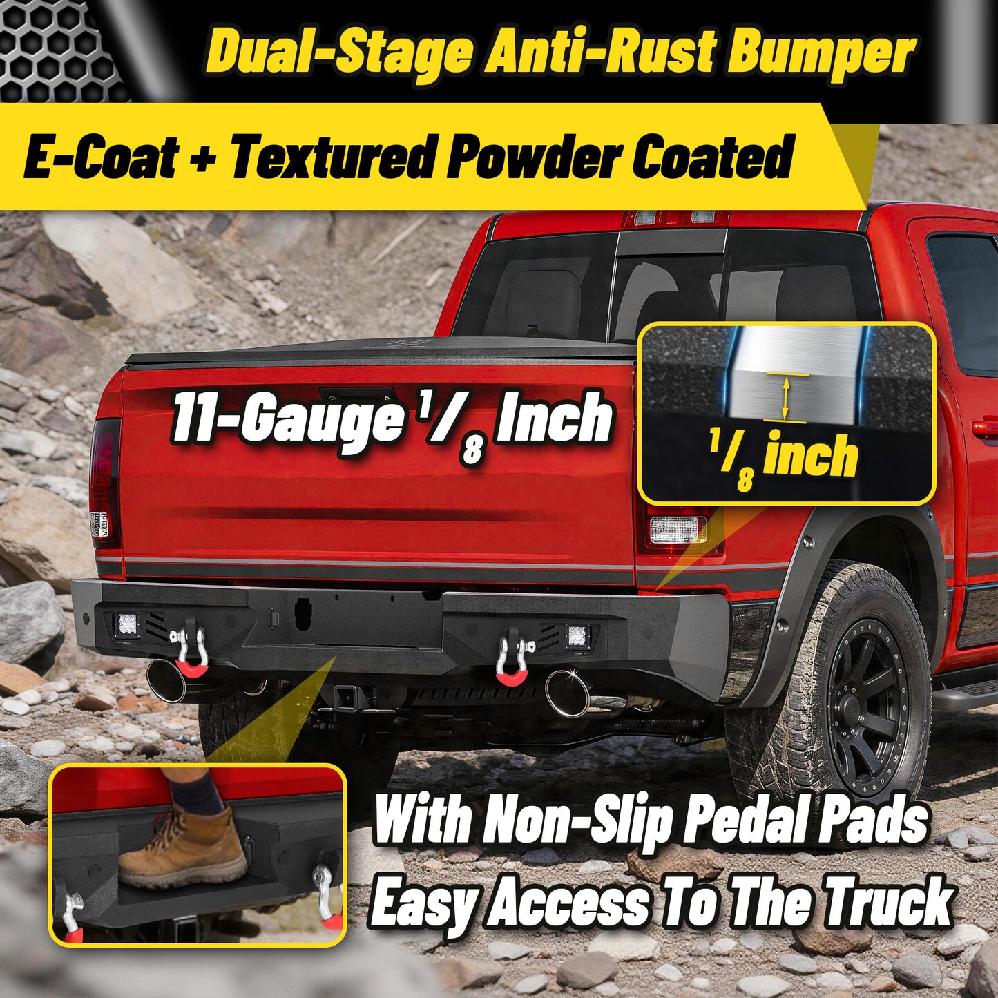 Ram 1500 Rebel 15-18 Rear Bumper| Bolt-On, No Drilling,Steel Off-Road Armor, LED Lights & D-Rings