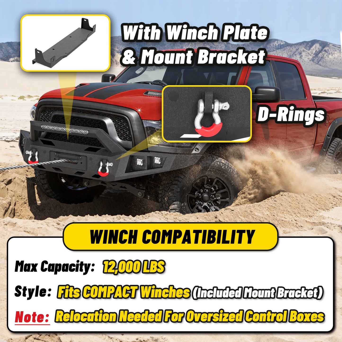 Ram 1500 Rebel 15-18 Front Bumper|Bolt-On, No Drilling, Off-Road Armor, LED Light Bar & D-Rings