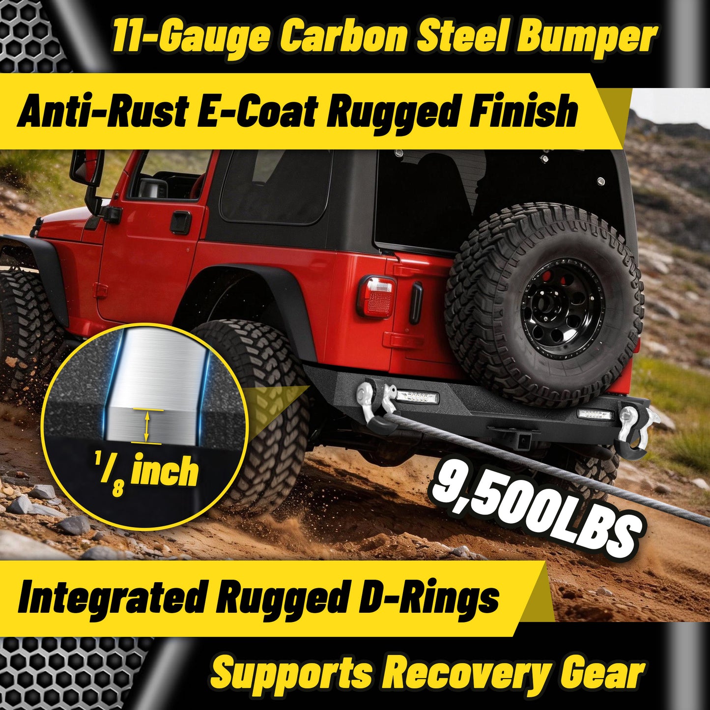 Jeep Wrangler TJ/YJ 87-06 Rear Bumper|Direct Bolt-On, No Drill, Off-Road Adventure Armor, LED Lights & D-rings